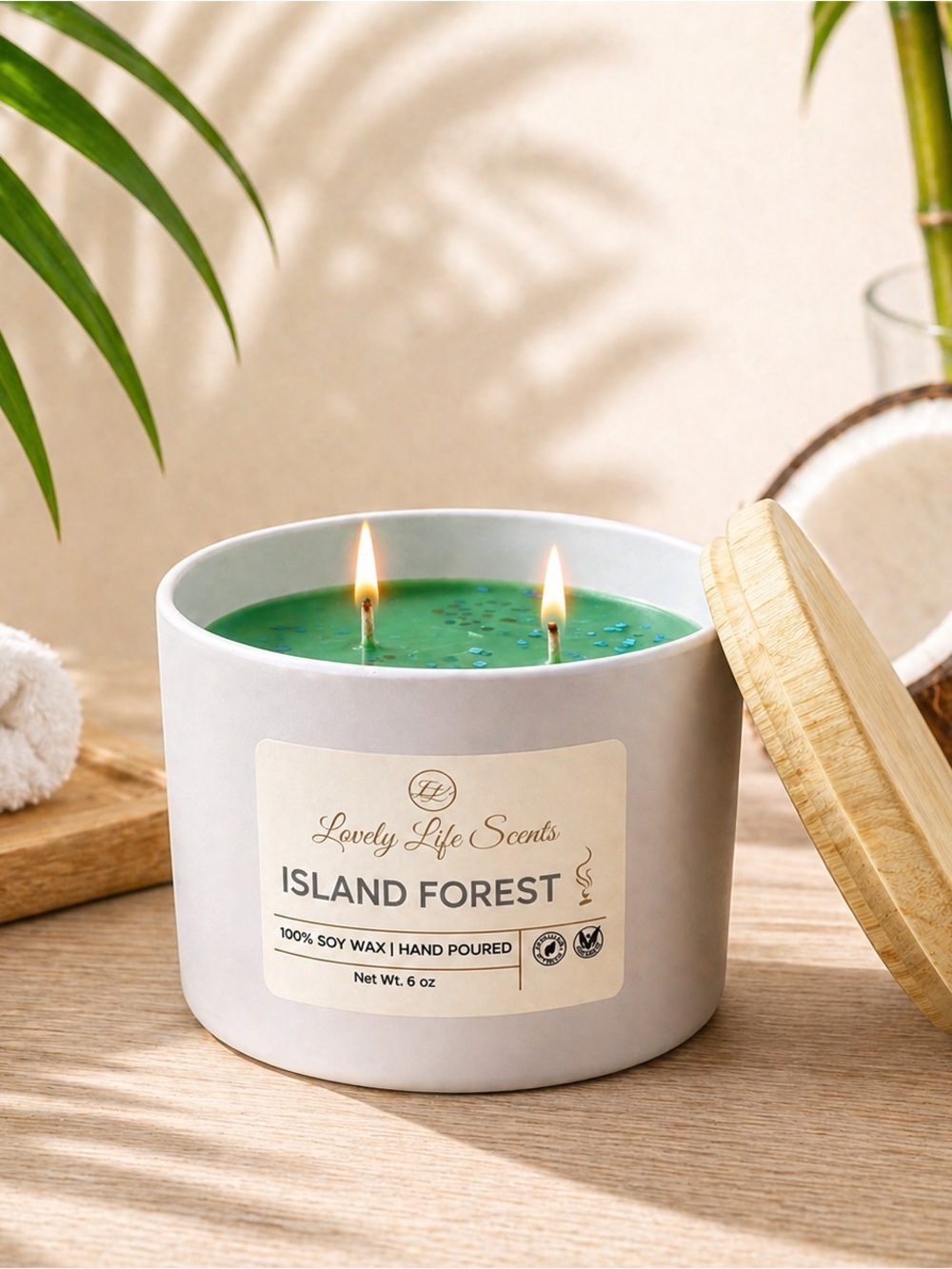 Island Forest 6oz Double Wick Premium Soy Wax Candle a Bamboo Coconut Scent